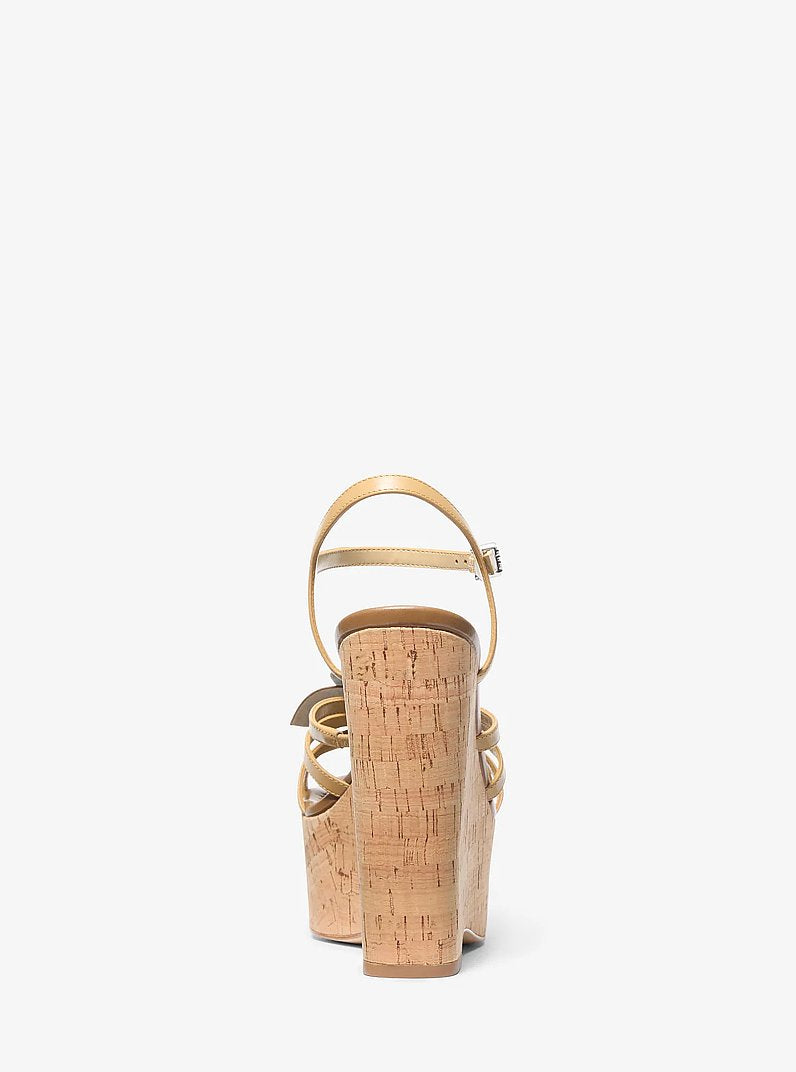 Michael Kors Jacie Floral Embellished Leather Wedge Sandal PEANUT