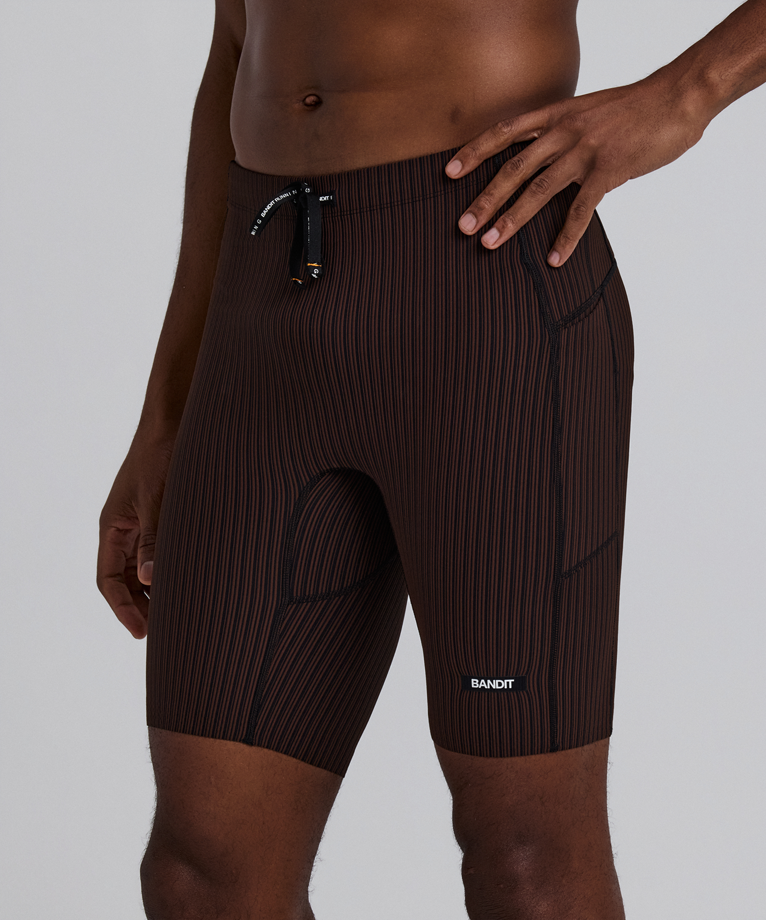 Bandit Mens Striped Cadence 7 Pocket Lined Half Tights Cacao Black