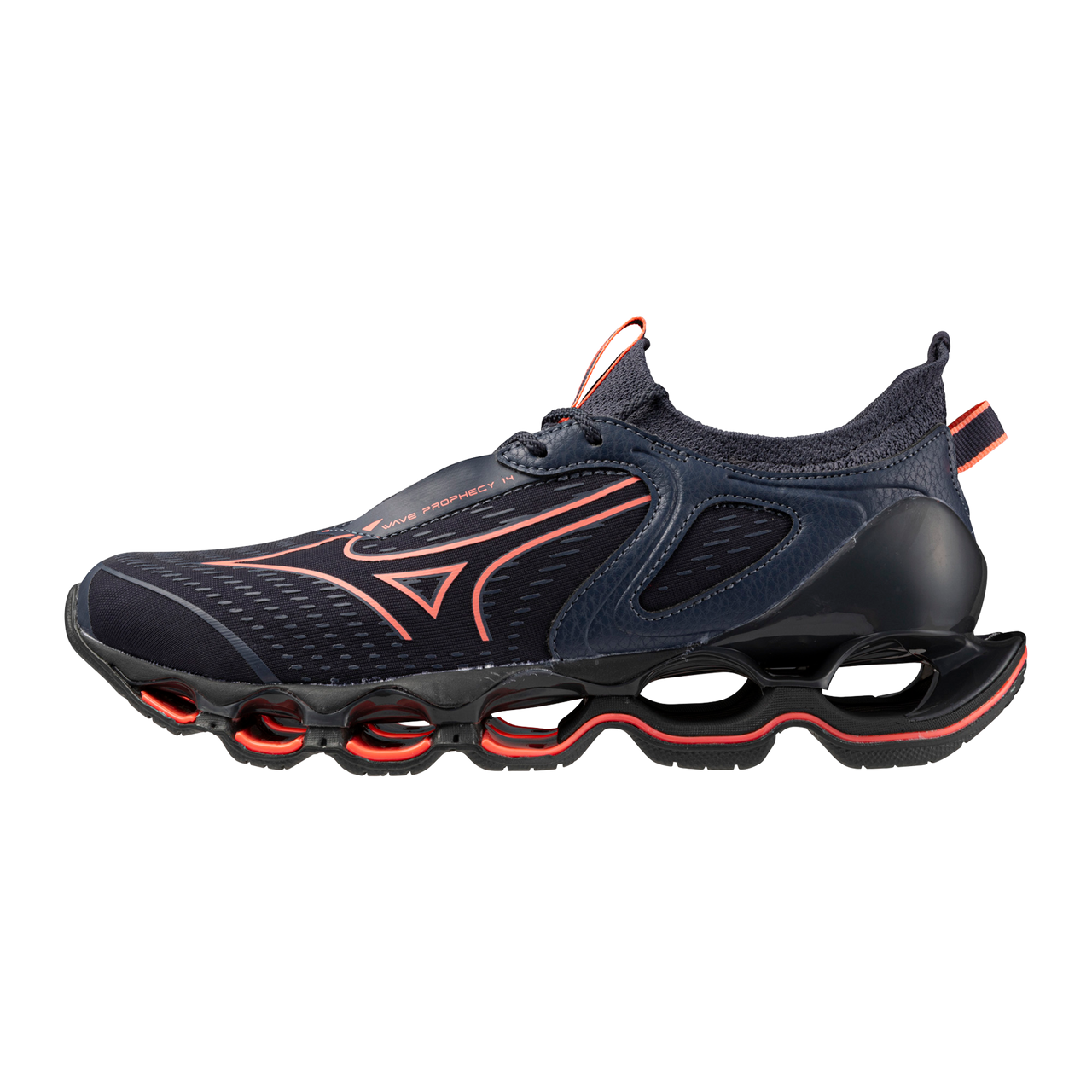 Mizuno Women's Wave Prophecy 14 Running Shoe Odyssey Grey Striking Coral