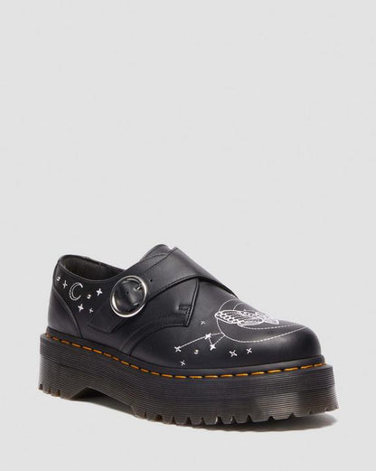 Dr. Martens Monk Celestial Moth Leather Platform Shoes Black - Womens