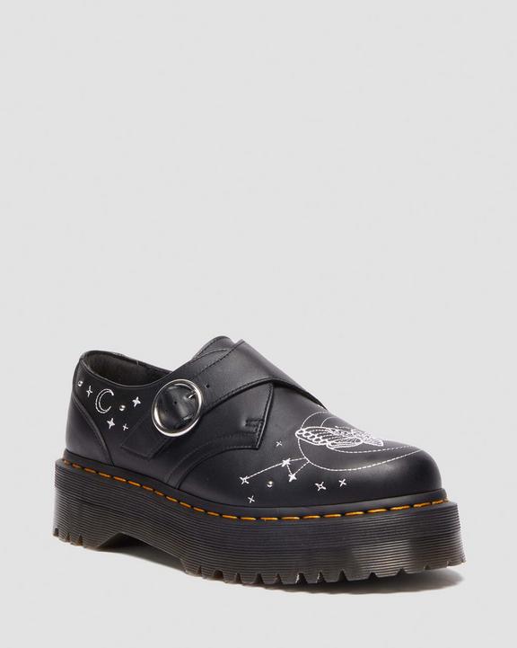 Dr. Martens Monk Celestial Moth Leather Platform Shoes Black - Womens