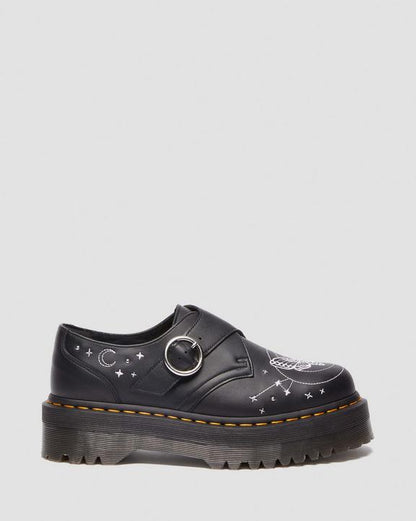 Dr. Martens Monk Celestial Moth Leather Platform Shoes Black - Womens
