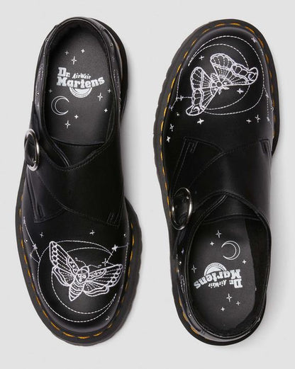 Dr. Martens Monk Celestial Moth Leather Platform Shoes Black - Womens