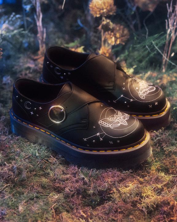 Dr. Martens Monk Celestial Moth Leather Platform Shoes Black - Womens