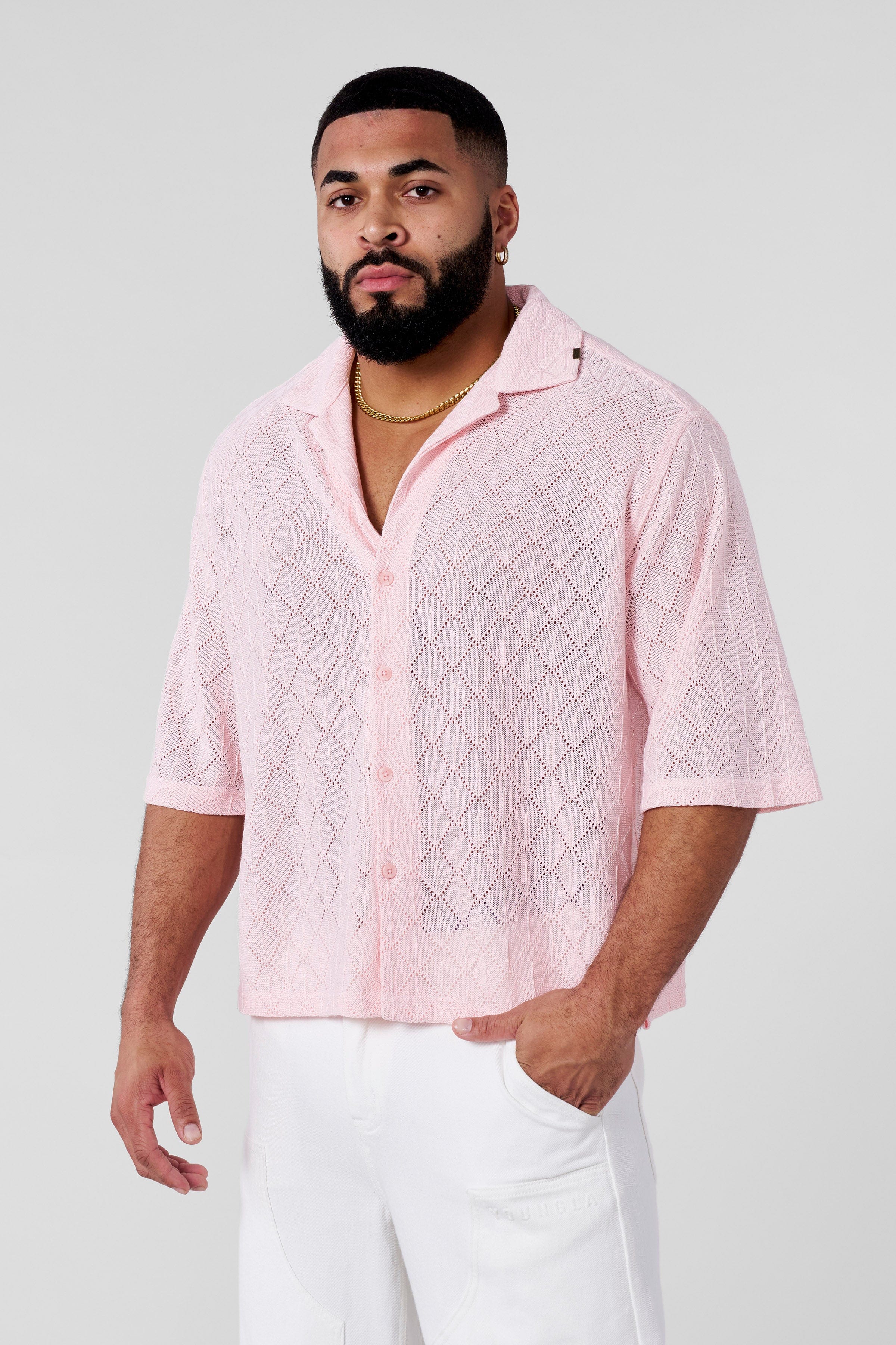 YoungLA 4141 - Swaggy Crochet Button-Ups Light Pink