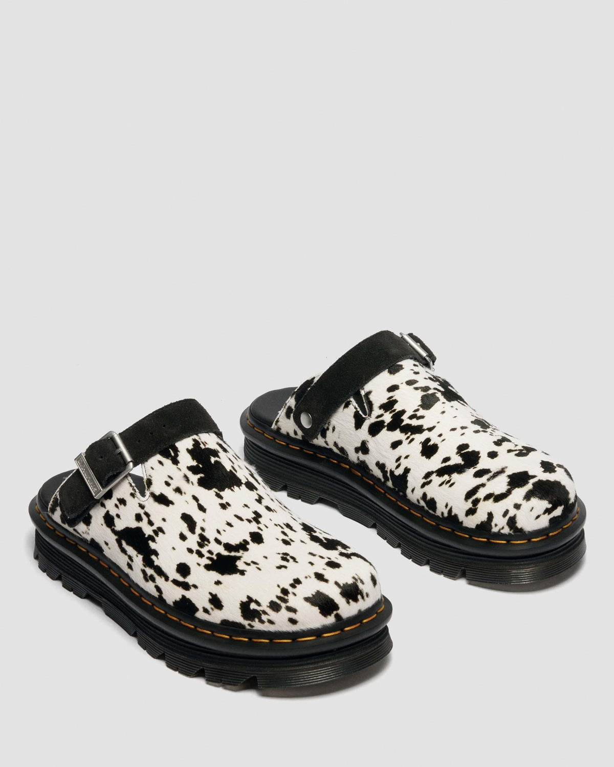 Dr Martens Zebzag Dalmatian Hair On Leather Platform Mules - Cream+Black