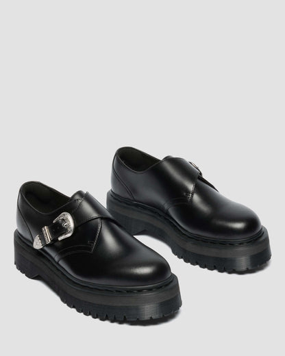 Dr Martens Retro Monk Quad Tumble Leather Strap Shoes - Black