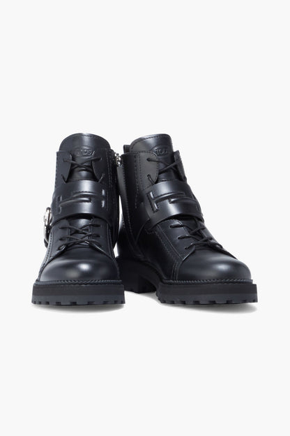 Tod's Buckled Leather Combat Boots Black Women's