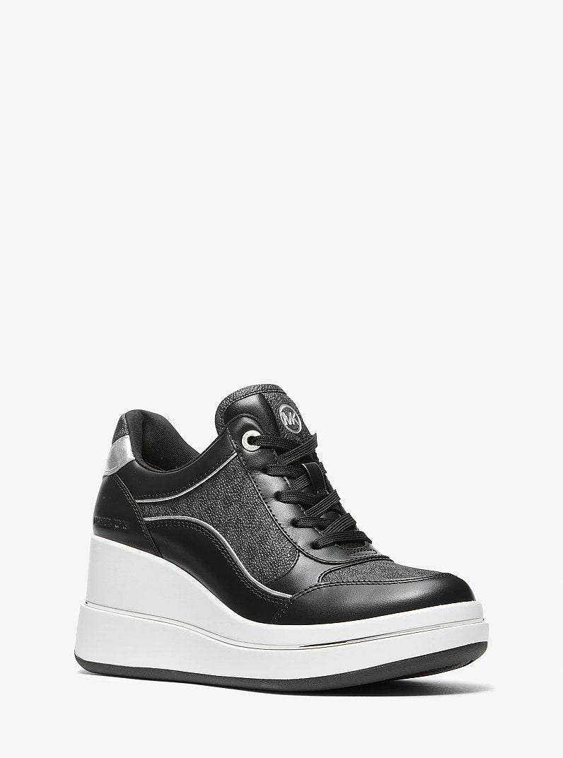 Michael Kors Emmy Signature Logo and Leather Wedge Trainer BLACK