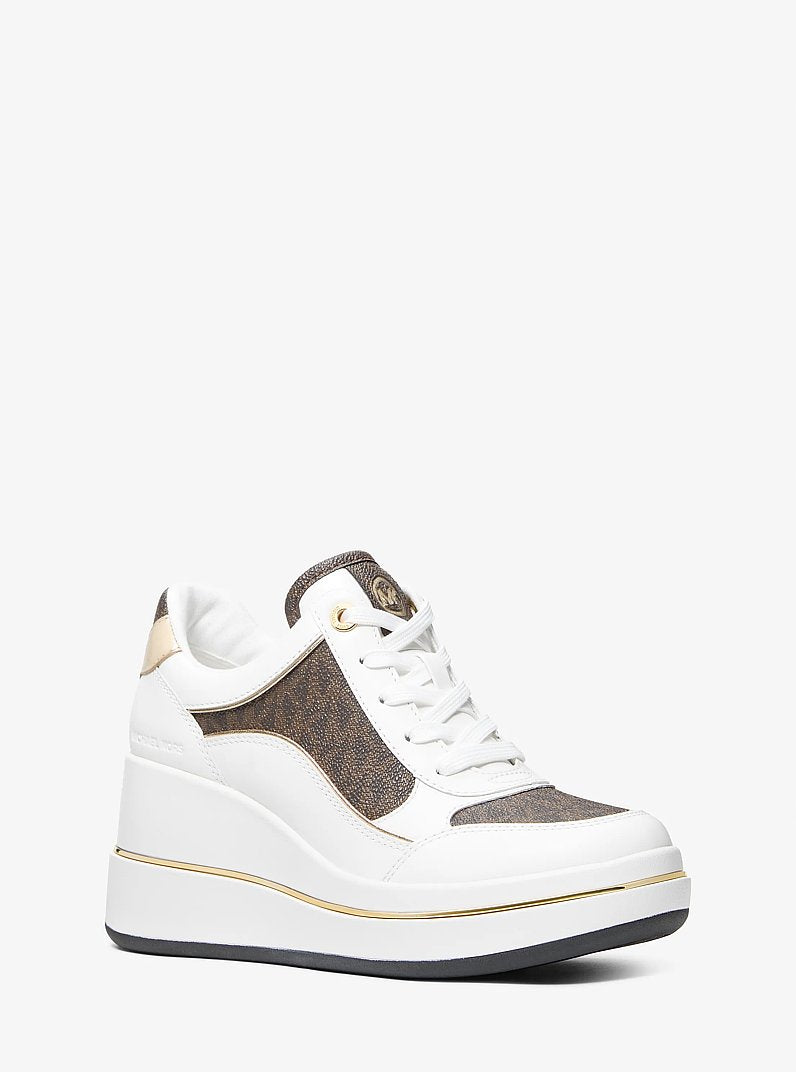 Michael Kors Emmy Signature Logo and Leather Wedge Trainer BROWN