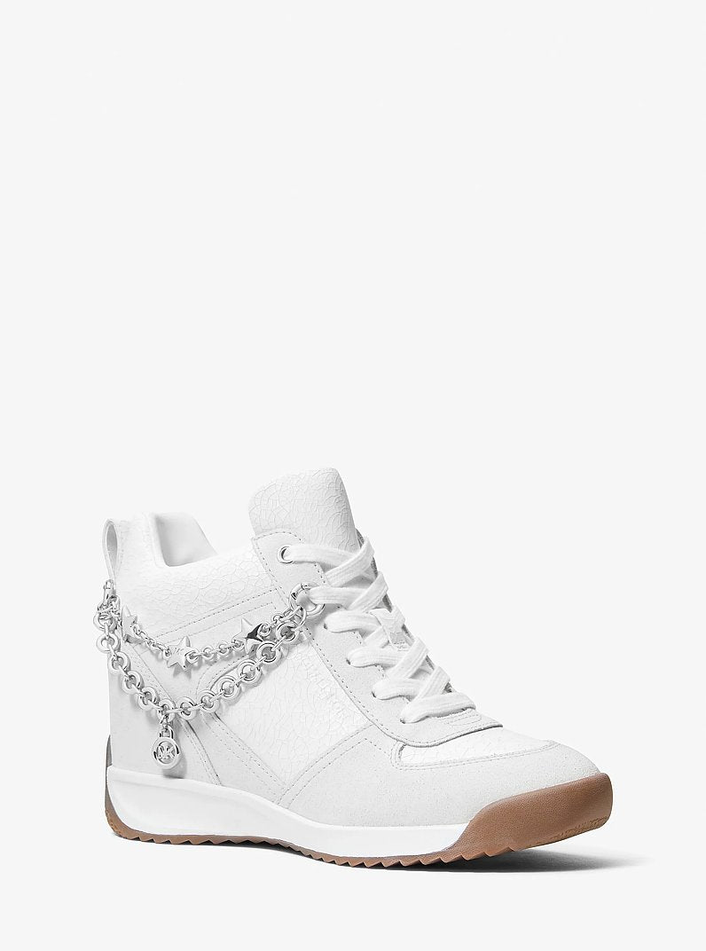 Michael Kors Nikko S2 Embellished Mixed-Media Wedge Trainer OPTIC WHITE