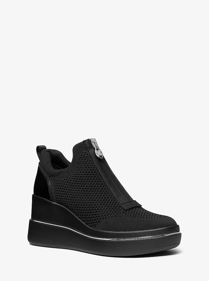 Michael Kors Emmy Stretch Knit Zip Wedge Trainer BLACK/BLACK