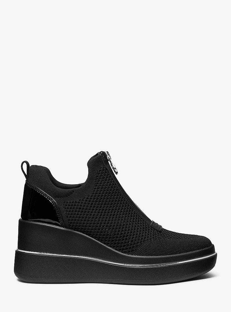 Michael Kors Emmy Stretch Knit Zip Wedge Trainer BLACK/BLACK