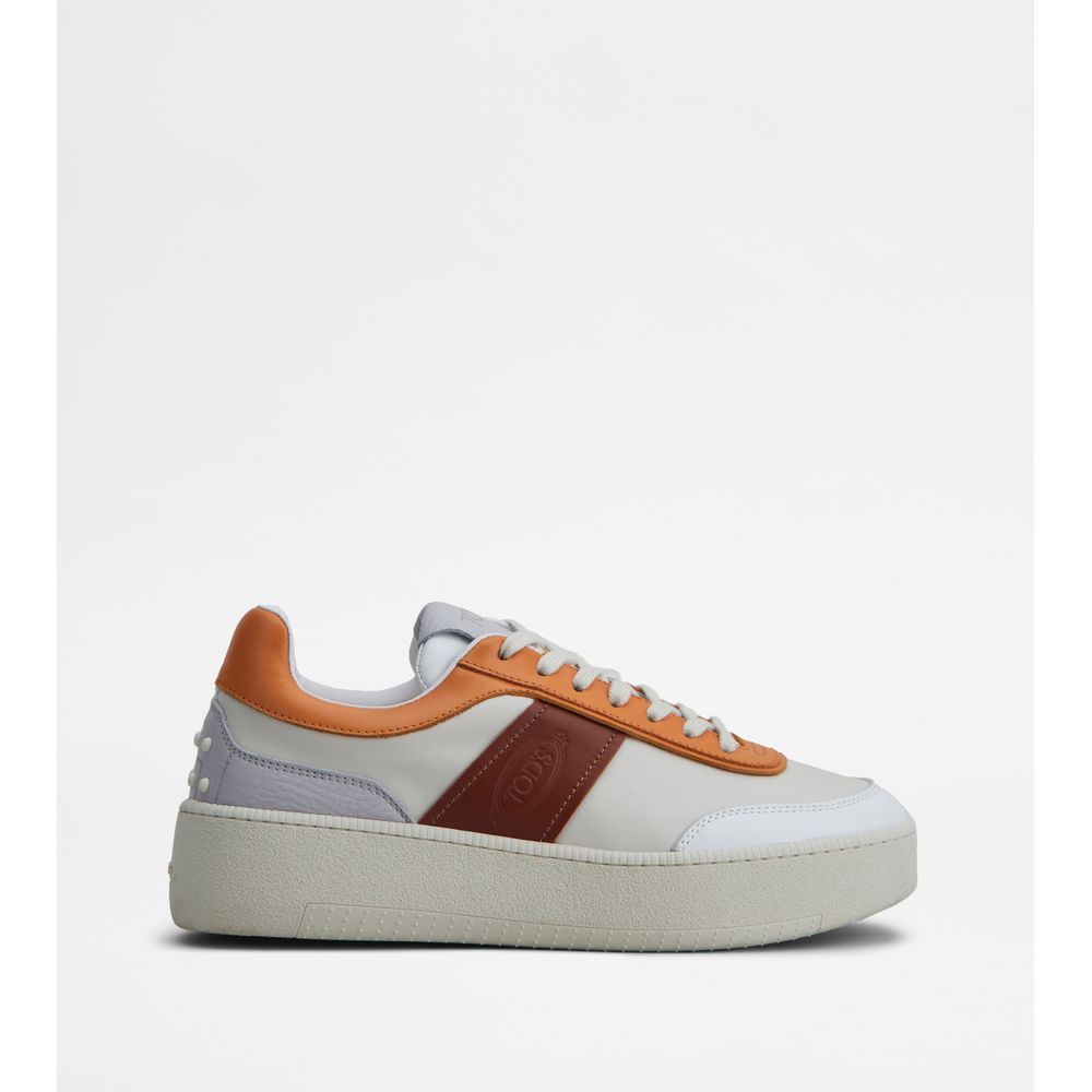 Tods Platform Sneakers In Leather Off White Orange Brown Womens