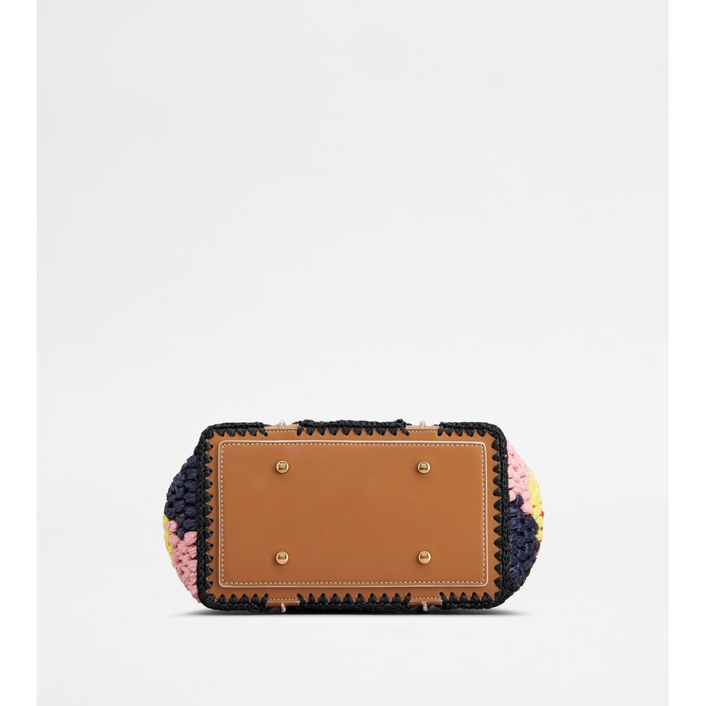 Tods T Timeless Shopping Bag In Leather And Raffia Mini Brown Black Light Blue