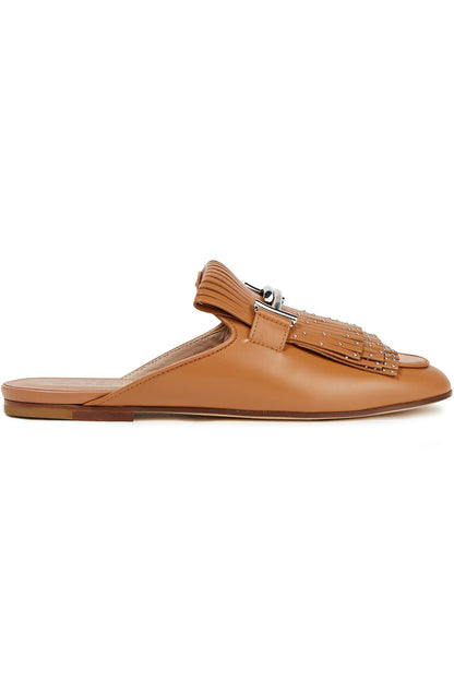 Tod's Double T Fringed Leather Slippers Light Brown Women's
