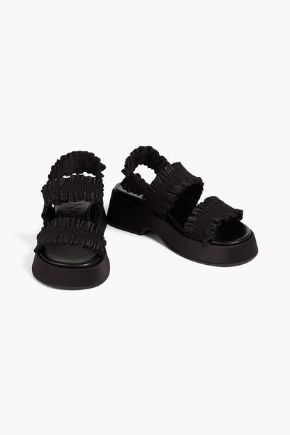 Ganni Ruffled Satin Platform Slingback Sandals Black Women's