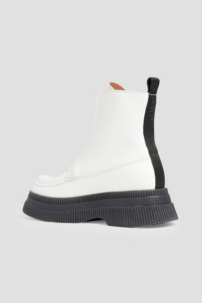 Ganni Leather Platform Ankle Boots White Women's