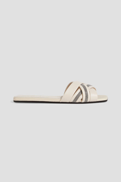 Brunello Cucinelli Bead-Embellished Woven Leather Sandals Ecru Women's