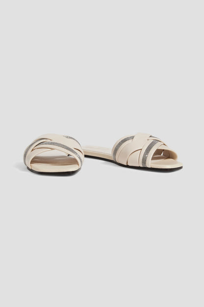 Brunello Cucinelli Bead-Embellished Woven Leather Sandals Ecru Women's