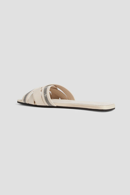 Brunello Cucinelli Bead-Embellished Woven Leather Sandals Ecru Women's