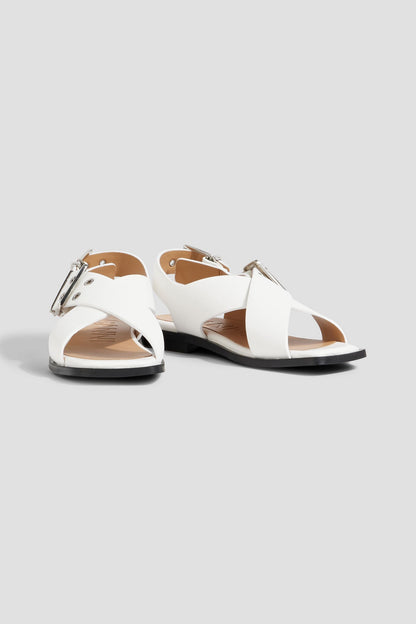 Ganni Buckled Leather-Blend Slingback Sandals White Women's