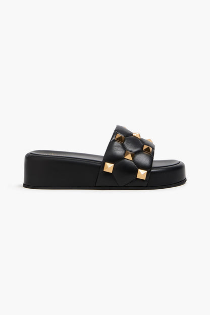 Valentino Garavani Roman Stud Quilted Leather Platform Slides Black Women's