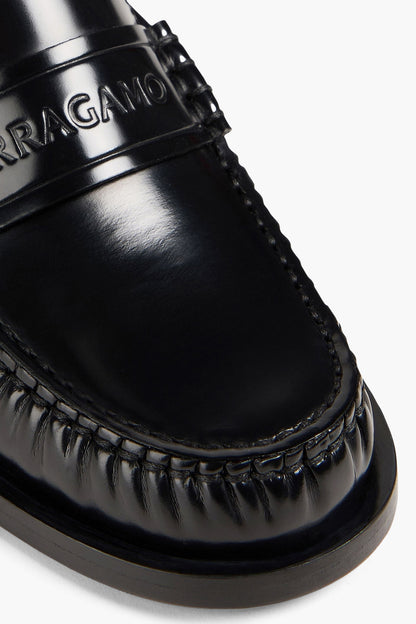Ferragamo Embossed Glossed-Leather Loafers Black Women's