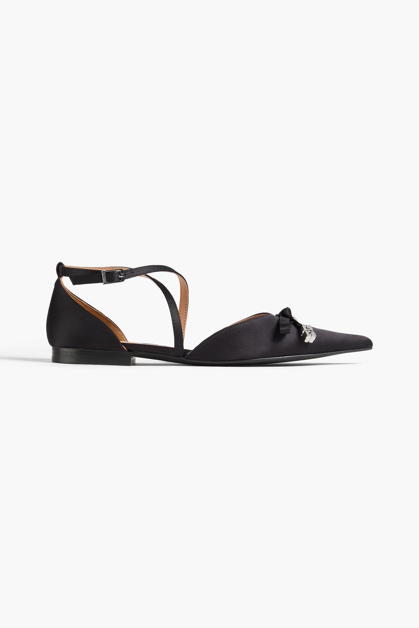 Ganni Crystal-Embellished Satin Point-Toe Flats Black Women's