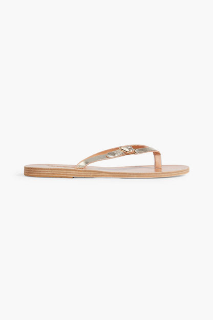 Ancient Greek Sandals Dihalo Buckled Metallic Leather Flip Flops Platinum Women's