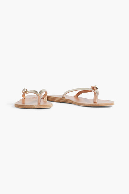 Ancient Greek Sandals Dihalo Buckled Metallic Leather Flip Flops Platinum Women's