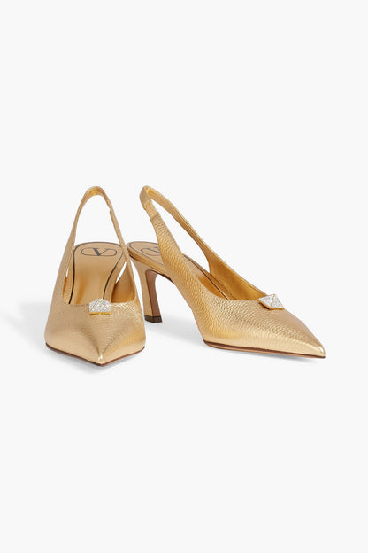 Valentino Garavani One Stud Metallic Pebbled-Leather Slingback Pumps Gold Women's