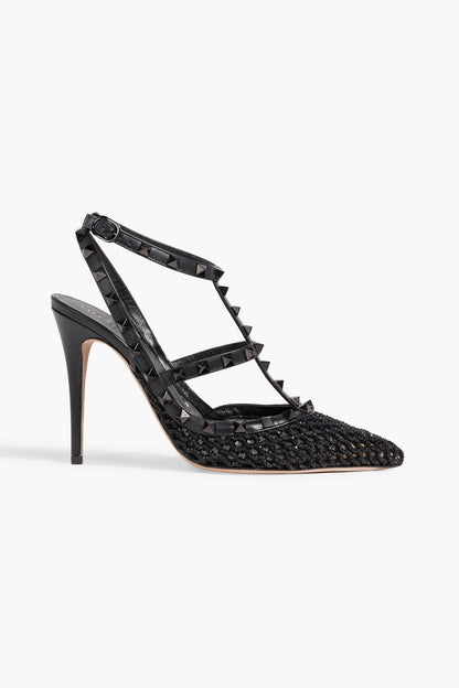Valentino Garavani Rockstud Crochet And Leather Pumps Black Women's