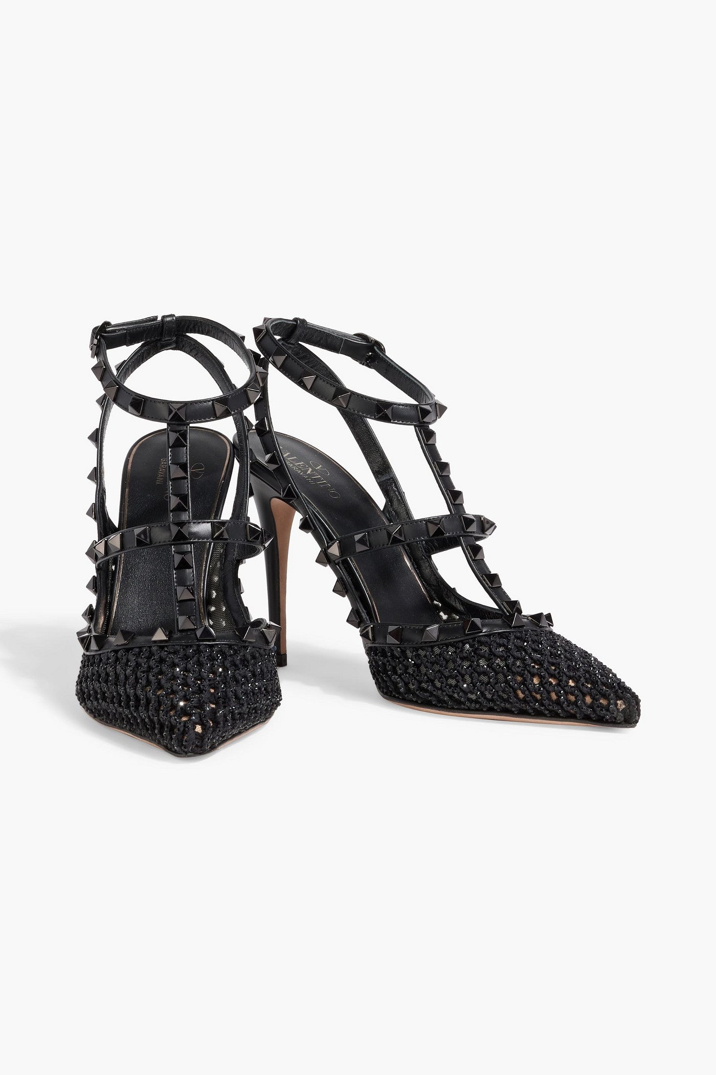 Valentino Garavani Rockstud Crochet And Leather Pumps Black Women's