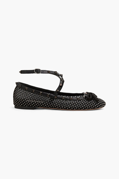 Valentino Garavani Rockstud Crystal-Embellished Mesh Ballet Flats Black Women's