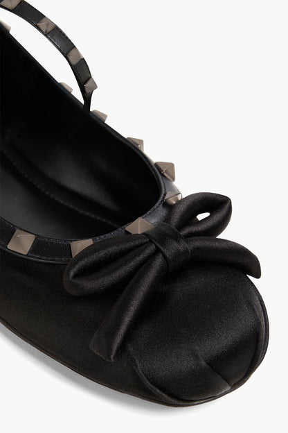 Valentino Garavani Rockstud Leather-Trimmed Satin Ballet Flats Black Women's
