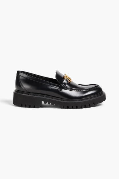 Valentino Garavani Vlogo Glossed-Leather Loafers Black Women's