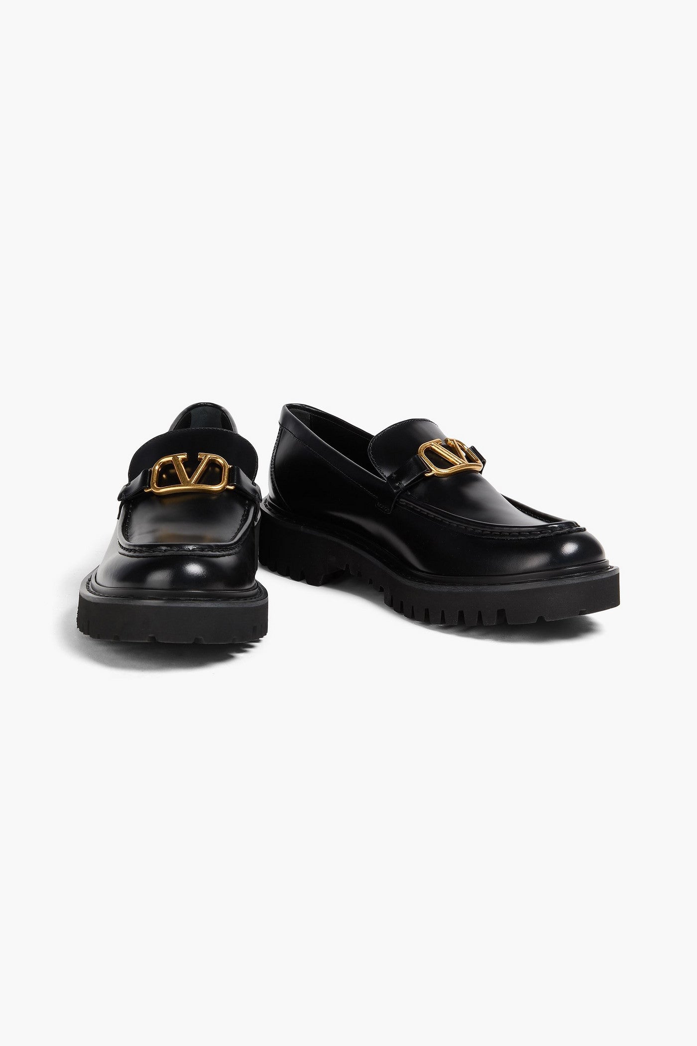 Valentino Garavani Vlogo Glossed-Leather Loafers Black Women's