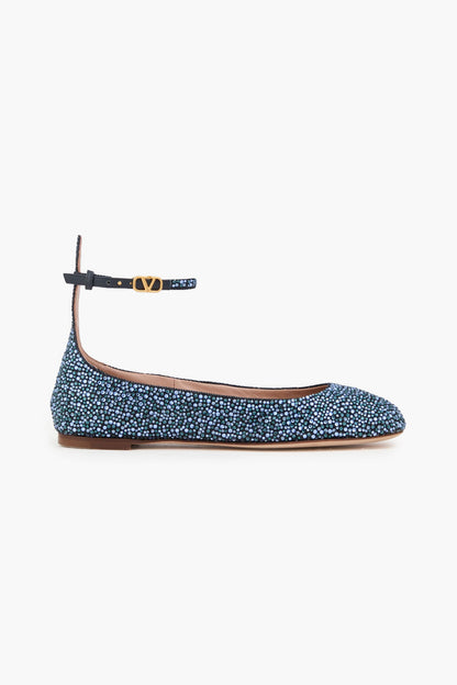 Valentino Garavani Tan-Go Crystal-Embellished Denim Ballet Flats Dark Denim Women's