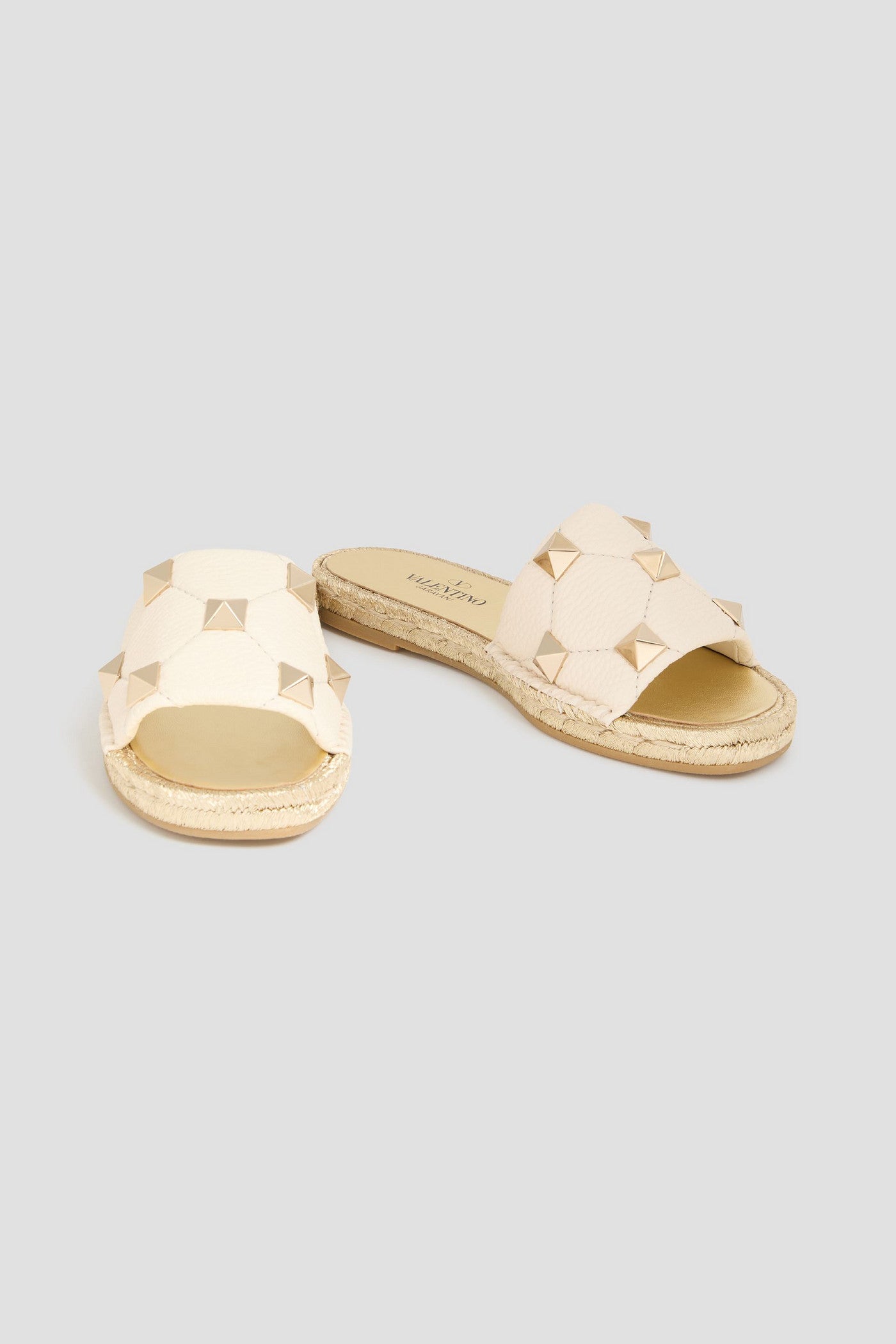 Valentino Garavani Roman Stud Quilted Pebbled-Leather Espadrille Slides Ivory Women's
