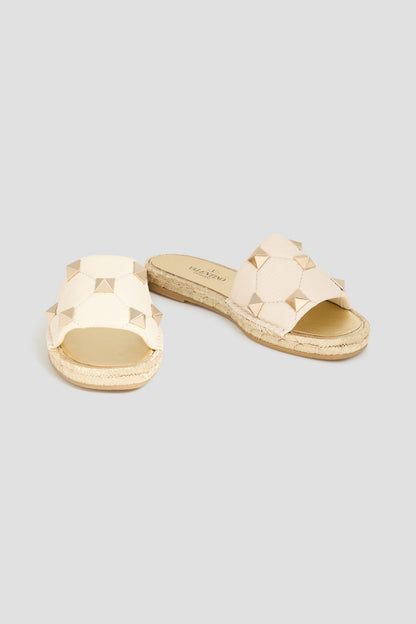 Valentino Garavani Roman Stud Quilted Pebbled-Leather Espadrille Slides Ivory Women's