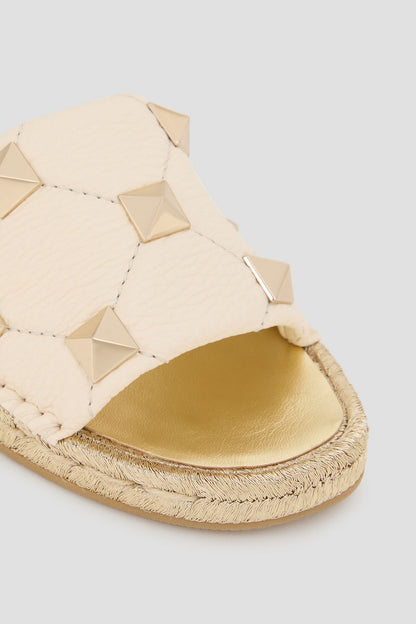 Valentino Garavani Roman Stud Quilted Pebbled-Leather Espadrille Slides Ivory Women's
