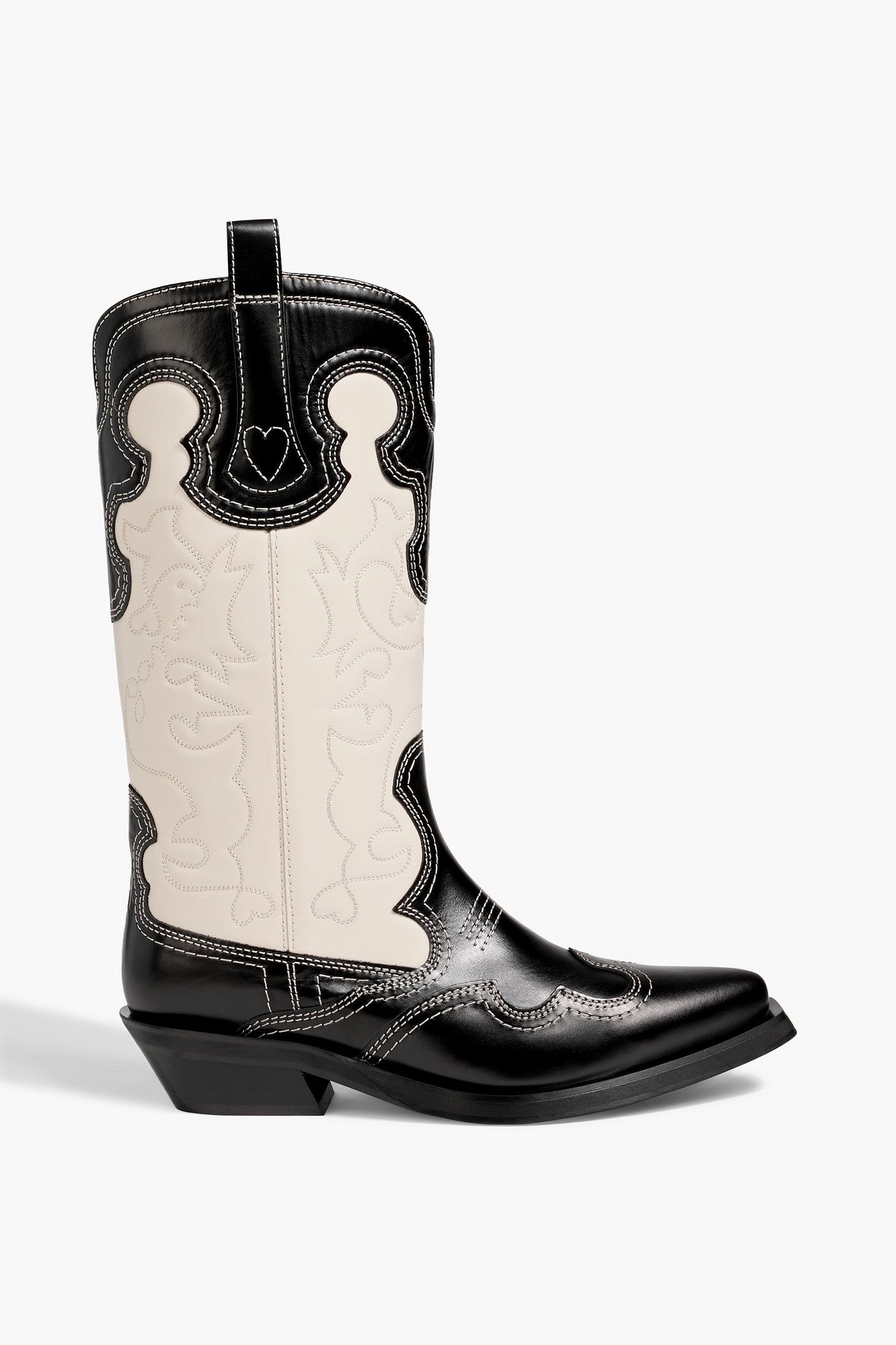Ganni Two-Tone Embroidered Leather Cowboy Boots Black Women's
