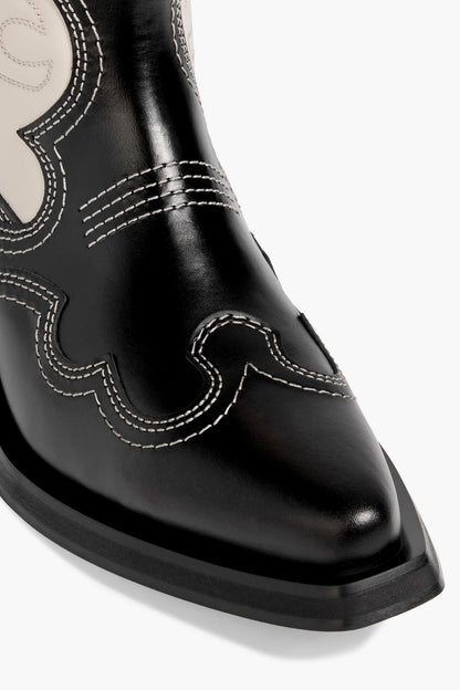 Ganni Two-Tone Embroidered Leather Cowboy Boots Black Women's
