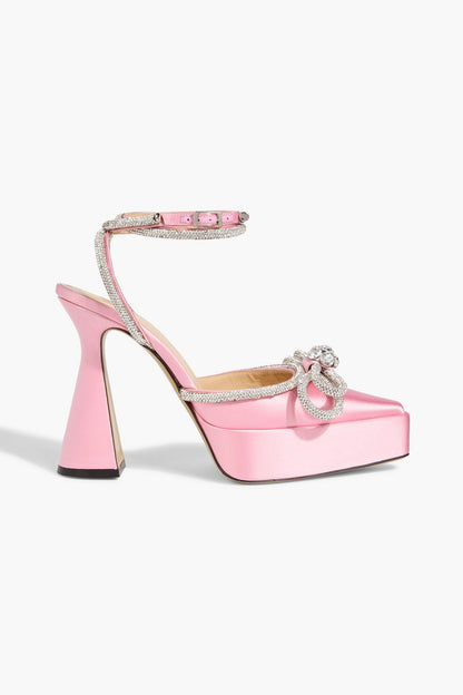 Mach & Mach Double Bow Crystal-Embellished Satin Platform Pumps Baby Pink Women's