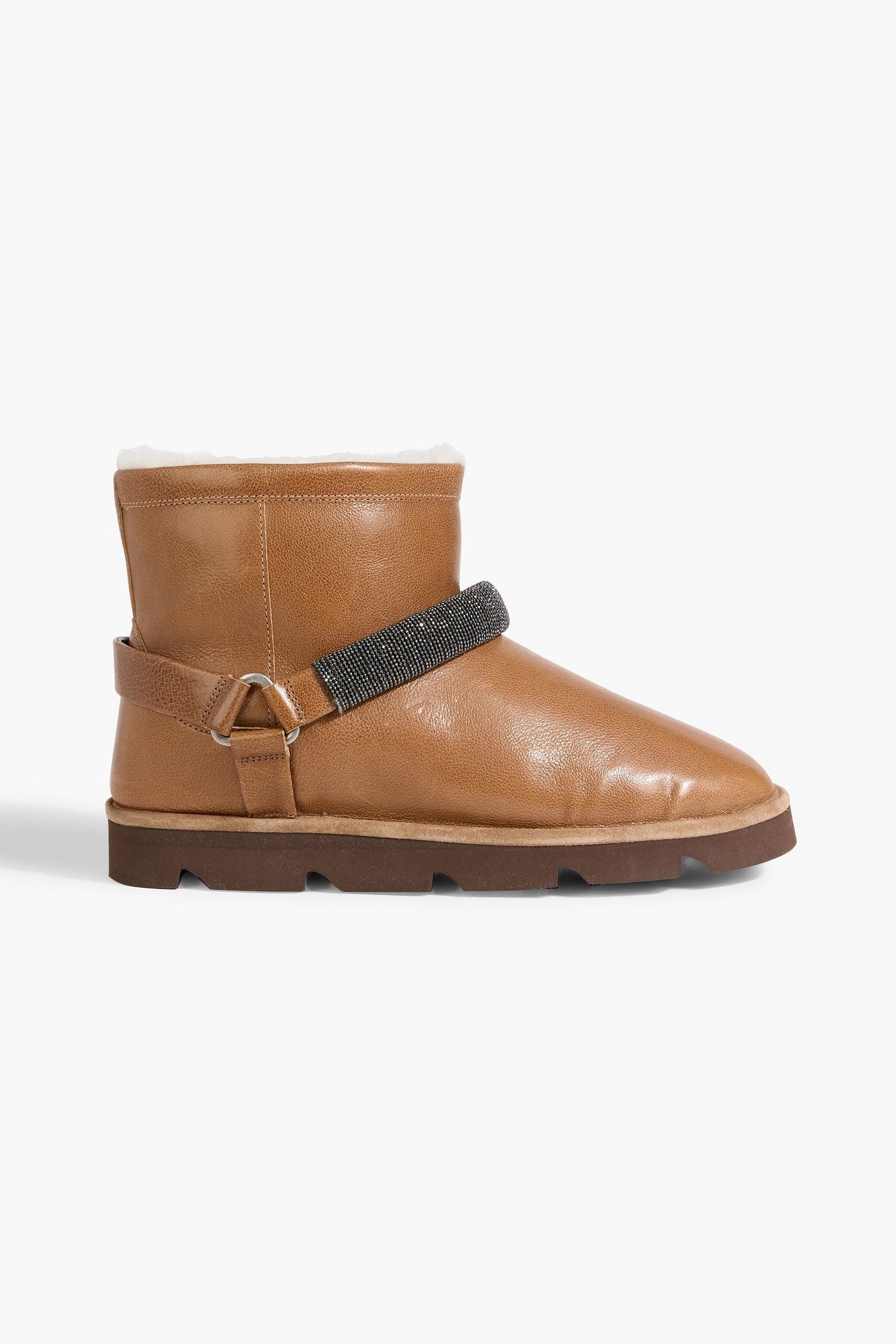 Brunello Cucinelli Shearling-Lined Bead-Embellished Leather Ankle Boots Light Brown Women's