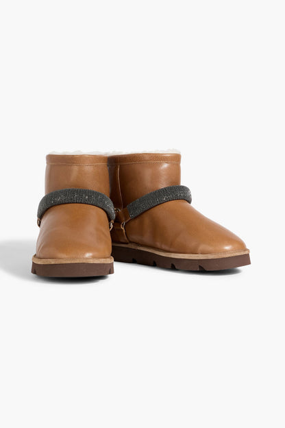 Brunello Cucinelli Shearling-Lined Bead-Embellished Leather Ankle Boots Light Brown Women's
