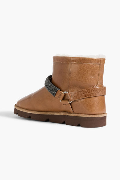 Brunello Cucinelli Shearling-Lined Bead-Embellished Leather Ankle Boots Light Brown Women's