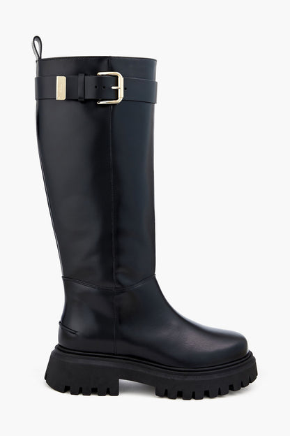 Maje Buckled Leather Knee Boots Black Women's