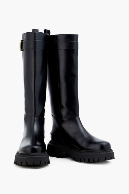 Maje Buckled Leather Knee Boots Black Women's